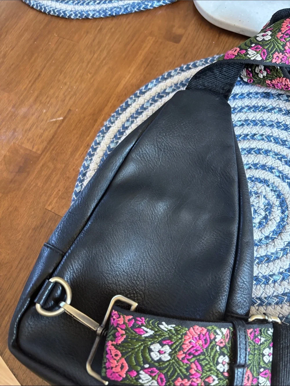 Antik Kraft Black Leather Crossbody with Pink Floral Embroidered Strap